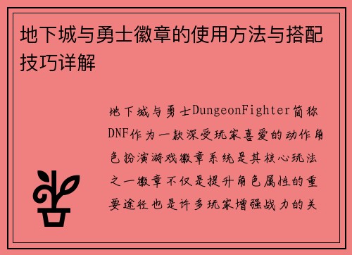 地下城与勇士徽章的使用方法与搭配技巧详解